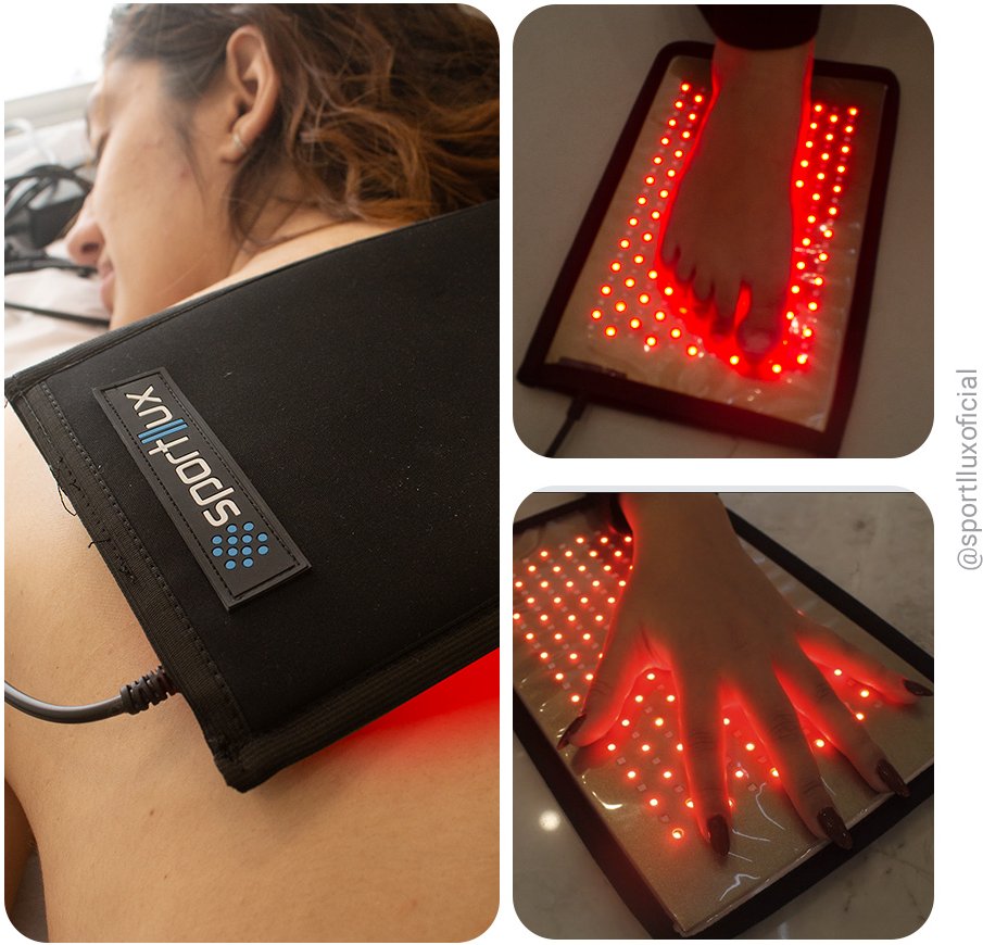 Grid de imagens de pessoas usando a manta de LED Sportllux Advanced Pro Adapt em diferentes regiões do corpo